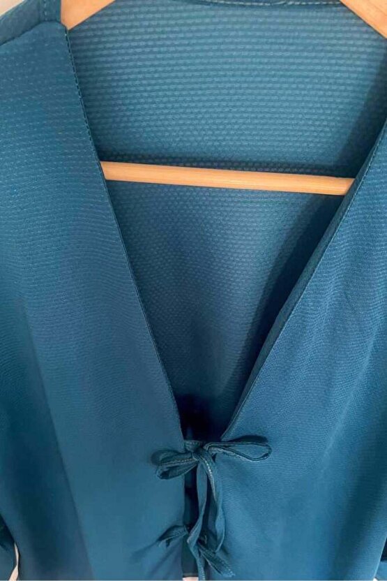 Petrol Mavi Önü Bağlamalı Kimono Tunik  Likralı Yazlık Kumaş