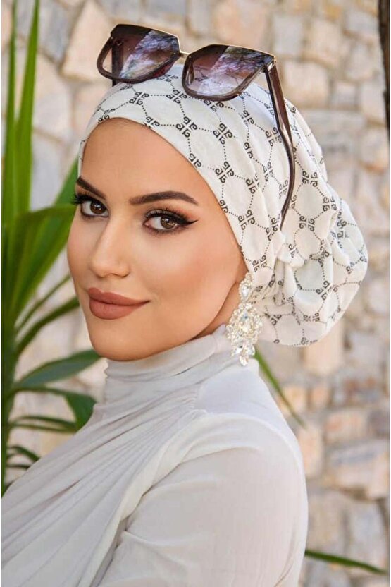 Beyaz Yazı Desen Çağla Hazır Türban