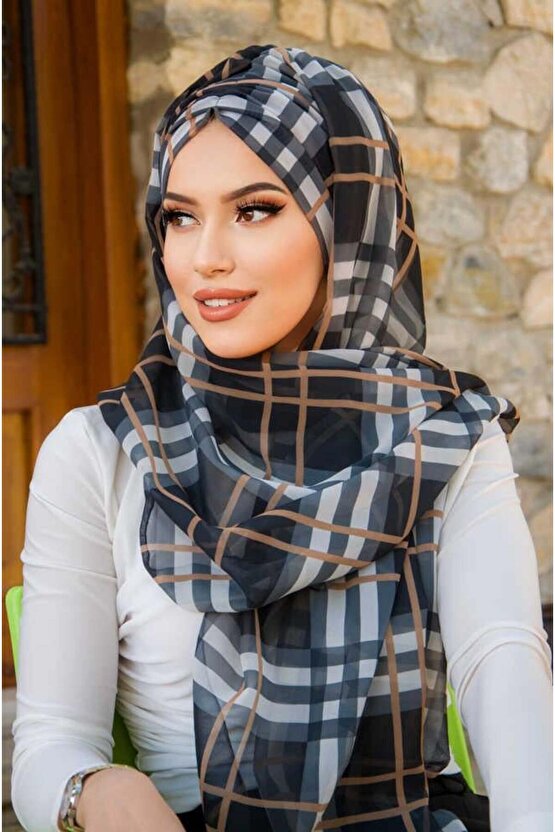Siyah Bej Ekose Desen Hazır Şal
