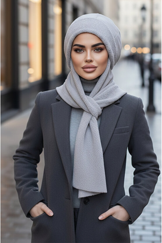 Gri Atkılı Bere Tesettür Bere  UZUN ATKILI
