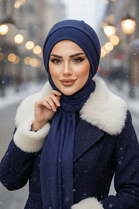 Lacivert Karyağdı Atkılı Tesettür Bere