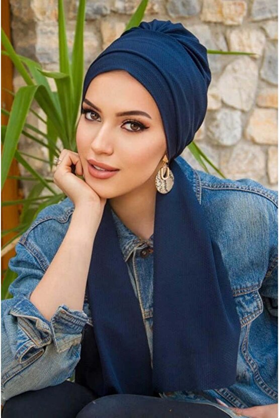 Koyu Lacivert Atkılı Tesettür Bone
