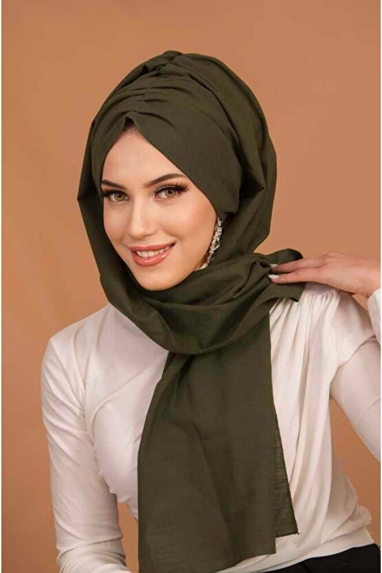 Haki Kelebek Model Büzgülü Bone Şal