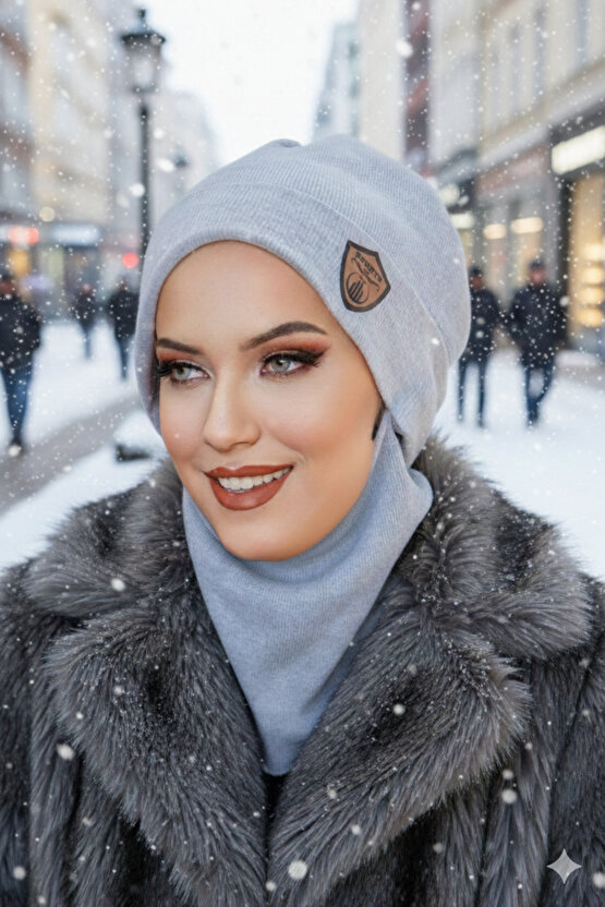 Açık Gri Armalı Maskeli Bere