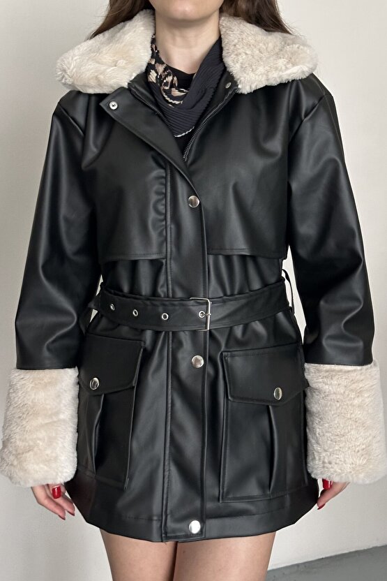 Kadın Kürk Detaylı Kemerli Deri Mont Astarlı Uzun Suni Deri Kaban