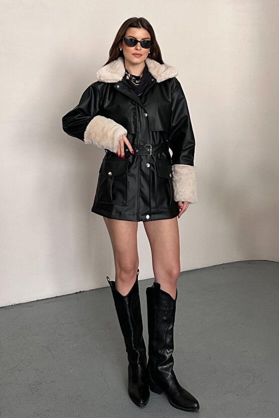 Kadın Kürk Detaylı Kemerli Deri Mont Astarlı Uzun Suni Deri Kaban
