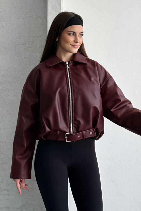 Kadın Bordo İçi Peluş Astarlı Suni Deri Ceket Kemer Detaylı Kürklü Oversize Kısa Mont