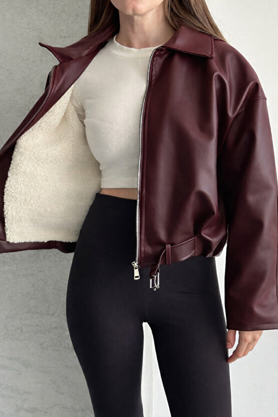 Kadın Bordo İçi Peluş Astarlı Suni Deri Ceket Kemer Detaylı Kürklü Oversize Kısa Mont