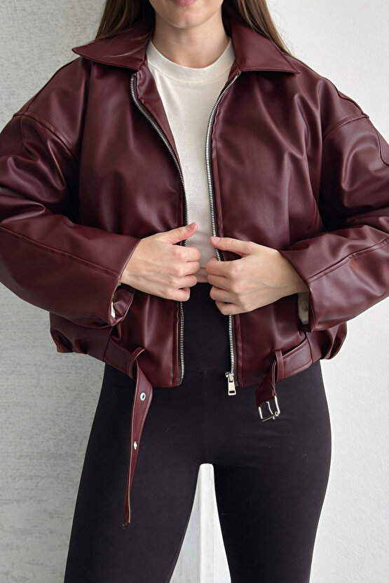 Kadın Bordo İçi Peluş Astarlı Suni Deri Ceket Kemer Detaylı Kürklü Oversize Kısa Mont