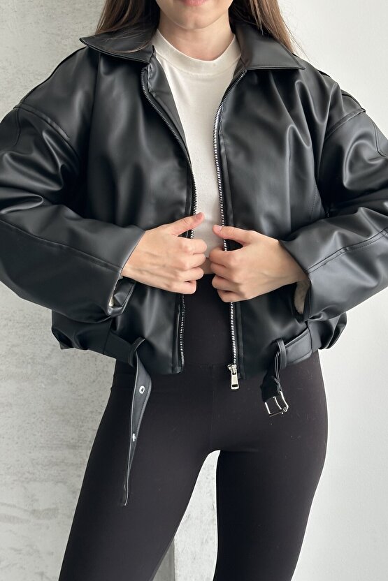 Kadın İçi Kürklü Oversize Deri Mont - Peluş Astarlı Biker Deri Ceket