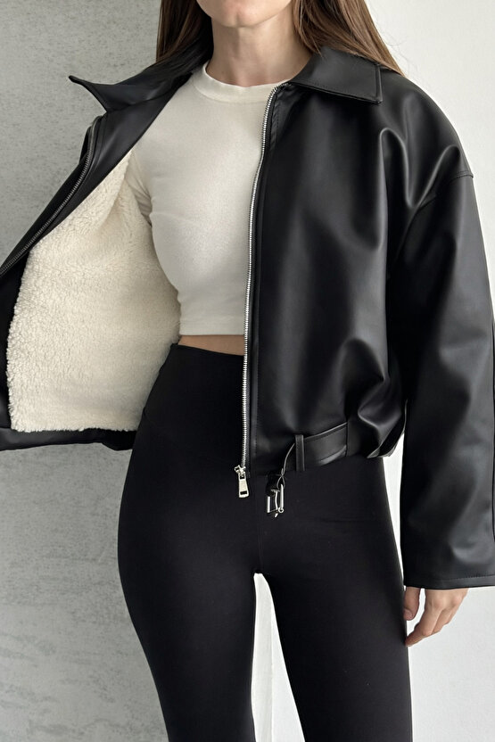 Kadın İçi Kürklü Oversize Deri Mont - Peluş Astarlı Biker Deri Ceket