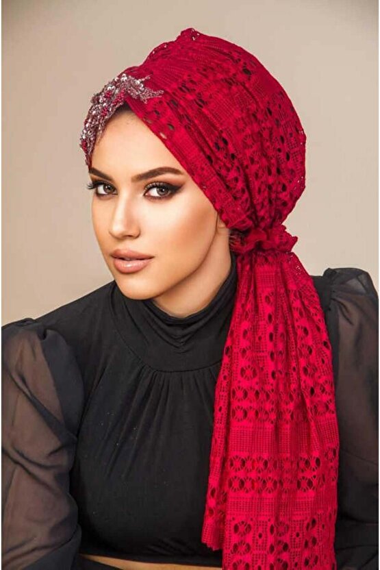 Bordo Güpürlü Abiye Tokalı Bone