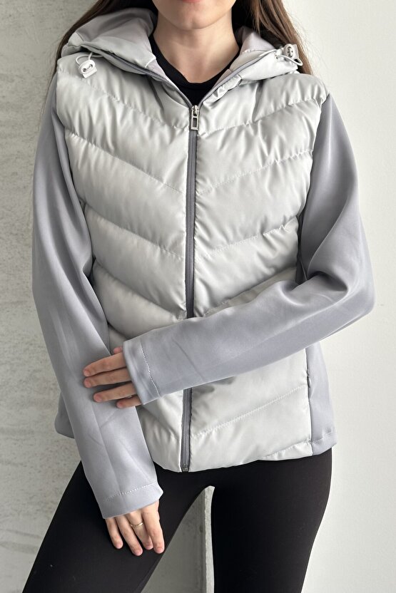 Kadın Kapüşonlu Şişme Mont - Su Geçirmez Basic Günlük Kontrast Gri Ceket