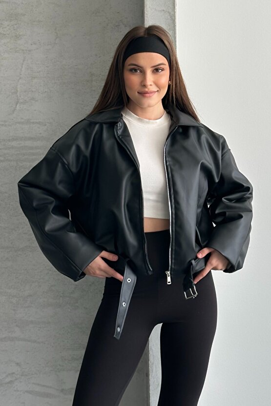 Kadın İçi Kürklü Suni Deri Ceket - Oversize İçi Peluş Astarlı Premium Biker Mont