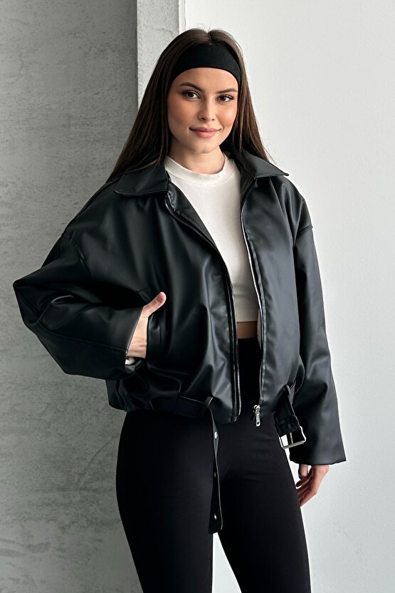 Kadın İçi Kürklü Suni Deri Ceket - Oversize İçi Peluş Astarlı Premium Biker Mont