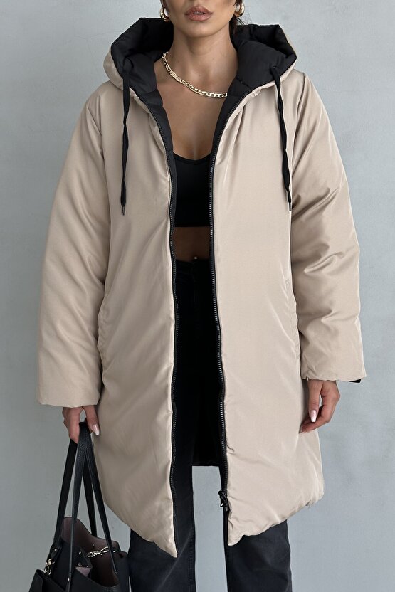 Kadın Çift Taraflı Giyilebilir Kapüşonlu Oversize Şişme Mont – Su Geçirmez, Kışlık