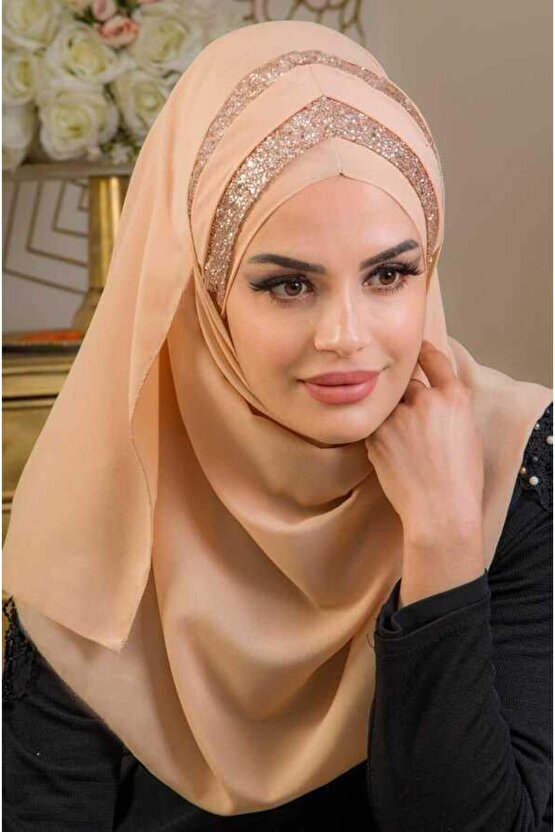 Açık Bej Çapraz Bant Abiye Double Şal