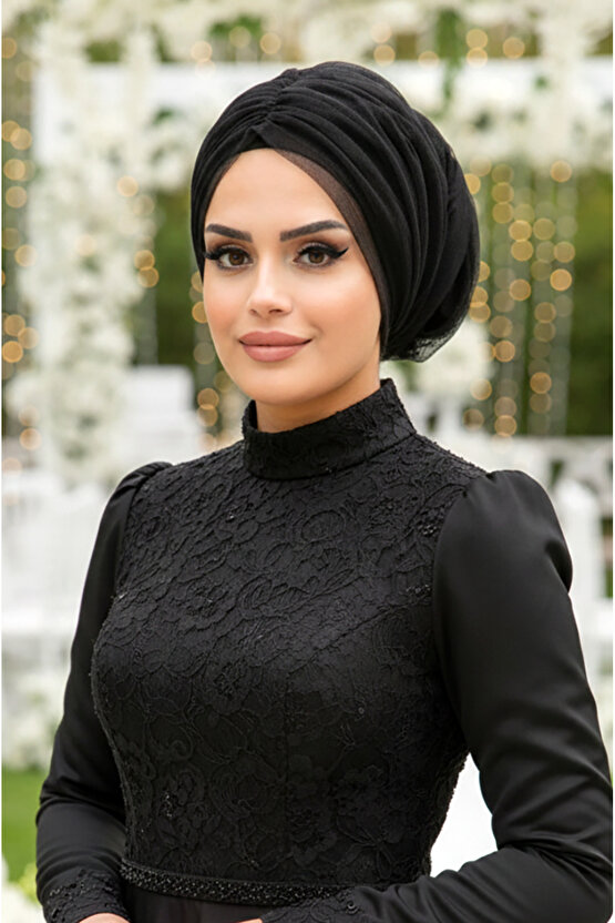 Siyah Tül Büzgülü Dolama Bone