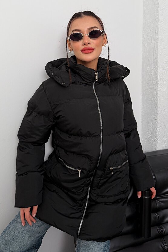 Kadın Kapüşonlu Uzun Şişme Mont – Su Geçirmez Oversize Kışlık, Cepli Fermuarlı