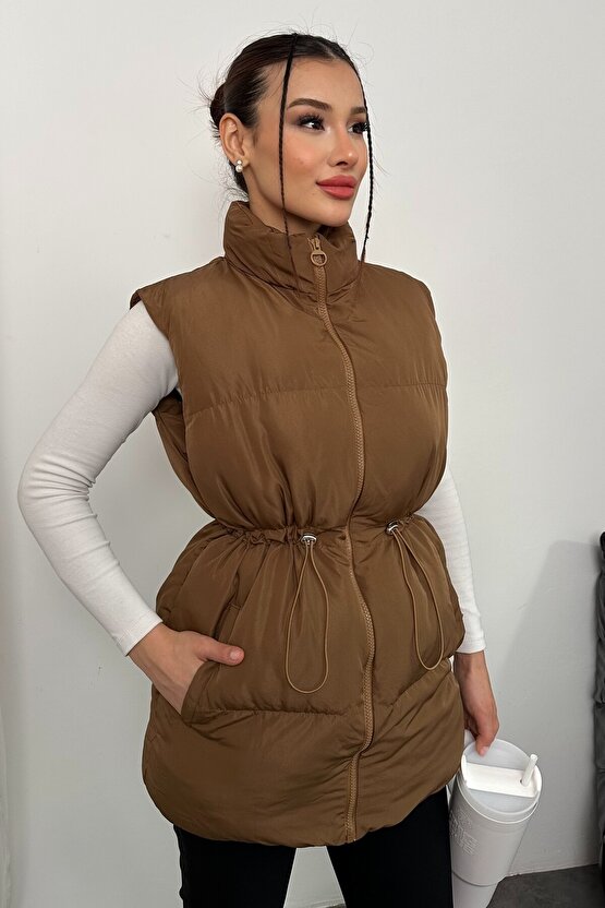 Kadın Kahverengi Şişme Yelek - Fermuarlı Cepli Spor Şişme Mont Yelek