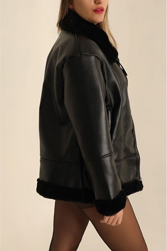 Kadın Suni Deri Siyah Kürklü Mont – Peluş İç Astarlı Deri Ceket