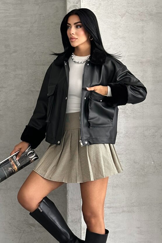 Kadın Suni Deri İçi Kürklü Oversize Bomber Ceket – Kışlık Peluş Detaylı Deri Mont