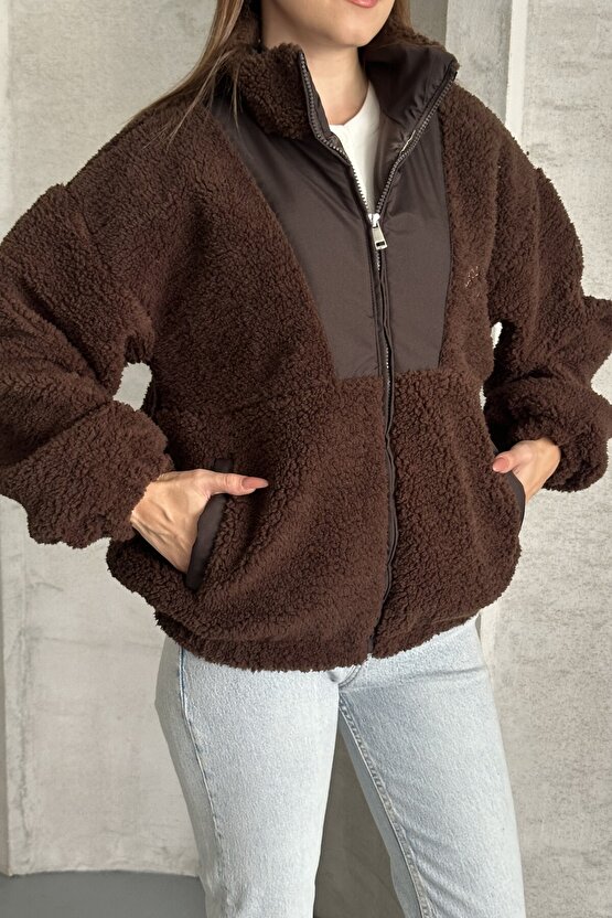 Kadın Oversize Peluş Bomber Ceket - Teddy Kahverengi Polar Mont