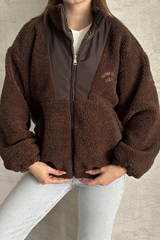 Kadın Oversize Peluş Bomber Ceket - Teddy Kahverengi Polar Mont