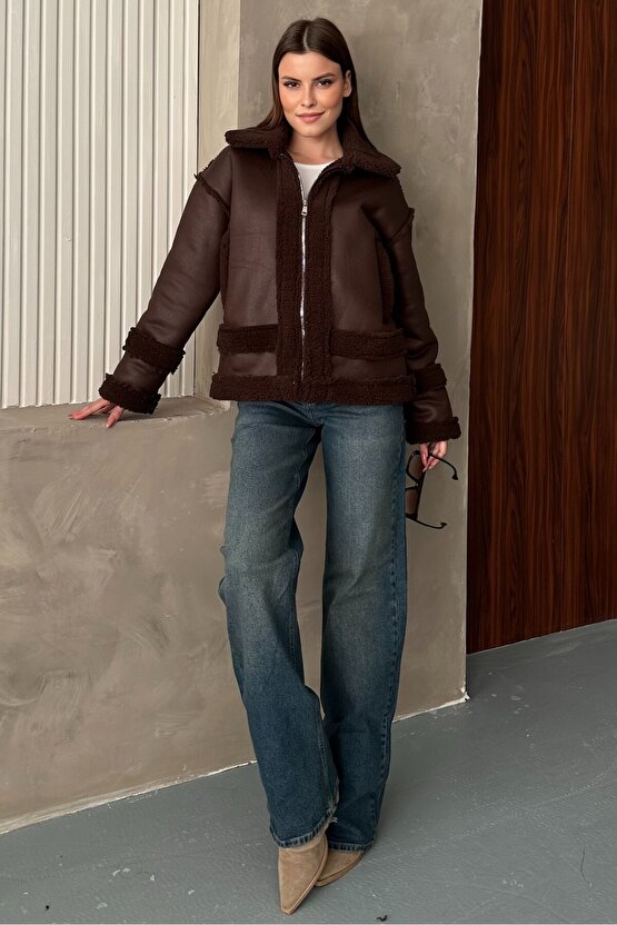 Kadın Kürklü Deri Mont - Oversize Suni Deri Kaban - Shearling İçi Peluş Ceket (Kahverengi  Siyah)