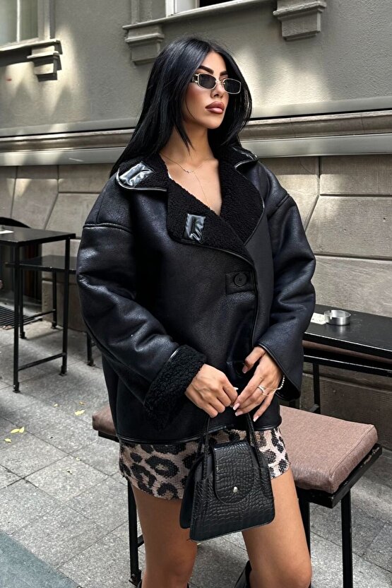 Kadın İçi Kürklü Oversize Süet Deri Mont - Peluş Astarlı Else Kışlık Ceket