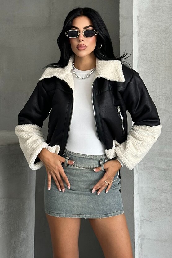 Kadın Peluş Detaylı Crop Biker Suni Deri Mont