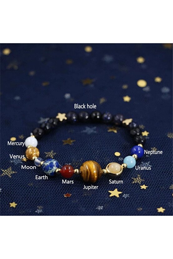 Gerçek Doğal Taş Gezegenler Güneş Sistemi  Güneş Sensin  Gold Yıldız Evren Galaksi Bileklik Streç