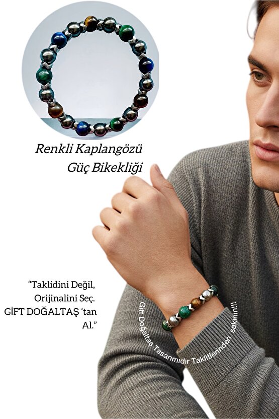 Renkli Kaplangözü Erkek Doğaltaş Bileklik , Enerji , Güç , Başarı , Mavi - Yeşil Kaplangözü