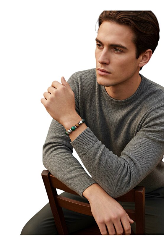 Renkli Kaplangözü Erkek Doğaltaş Bileklik , Enerji , Güç , Başarı , Mavi - Yeşil Kaplangözü