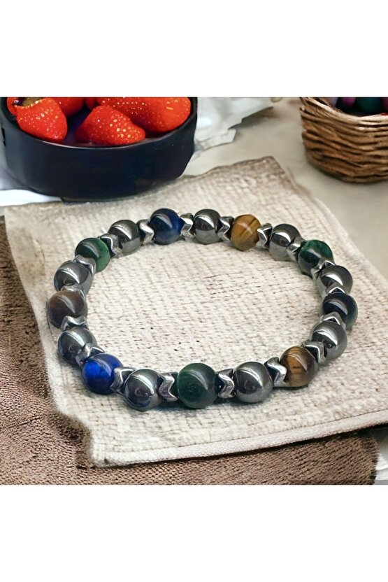 Renkli Kaplangözü Erkek Doğaltaş Bileklik , Enerji , Güç , Başarı , Mavi - Yeşil Kaplangözü
