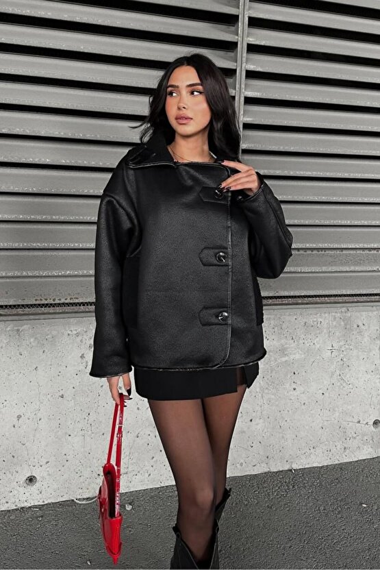 Else Siyah Dokulu Süet Içi Peluşlu Oversize Zr Model Mont