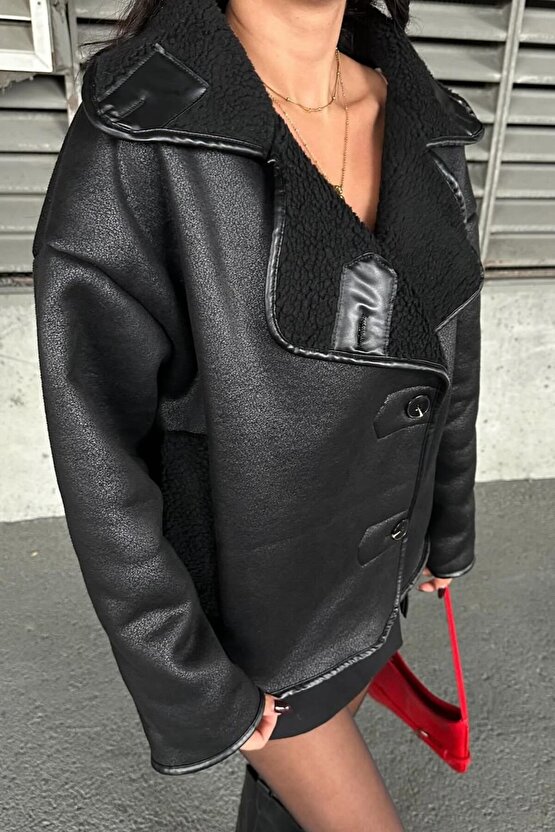 Else Siyah Dokulu Süet Içi Peluşlu Oversize Zr Model Mont