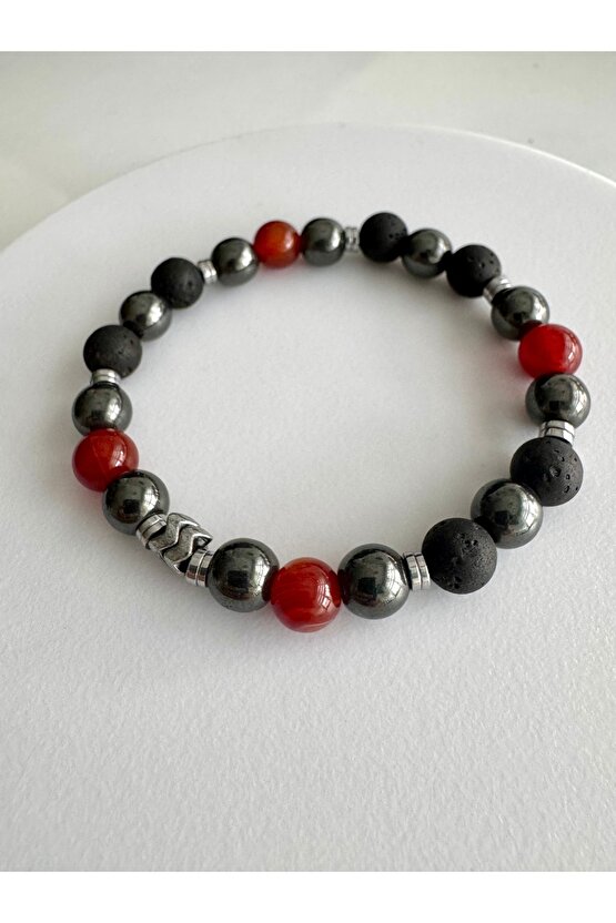 Gerçek Doğaltaş Kırmızı Akik , Lav Taşı . Hematit Koruyucu Doğaltaş Bileklik