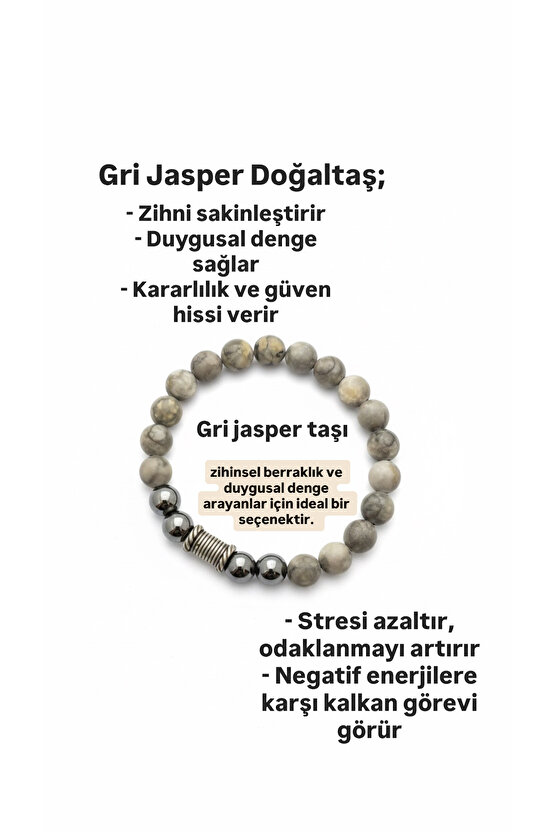GNG SİLVER Erkek Gri Jasper Bileklik – Stres Azaltıcı & Dengeleyici 8mm