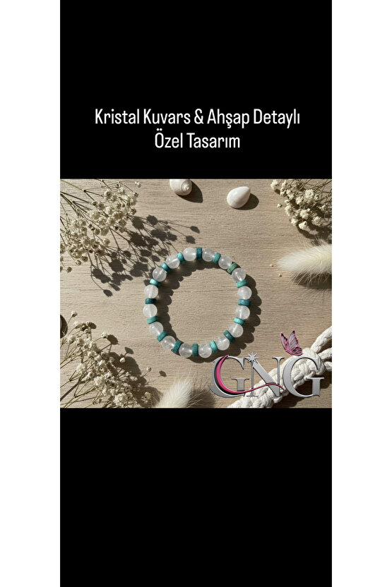 GNG SİLVER Kristal Kuvars Doğal Taş & Ahşap Boncuklu Özel Tasarım Bileklik -Boho Tarz