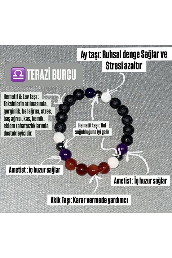 Terazi Burcu Bileklik 8mm Ay taşı, Akik,Lavtaşı , Hematit ,Ametist Doğal taş erkek bileklik