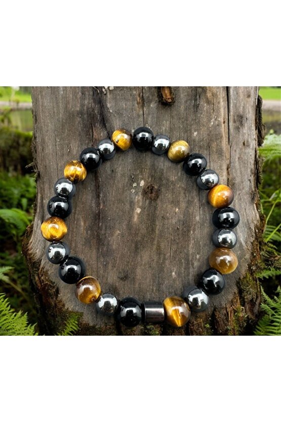 Sertifikalı Koruma Enerji Güç Denge Çakra Bilekligi Kaplangözü-oniks-hematit Birleşimi