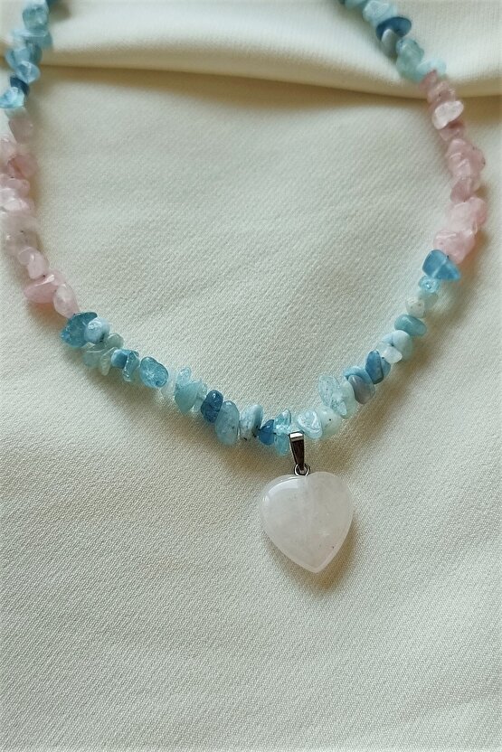 Sertifikalı Akuamarin, Pembe Kuvars Kalp Doğaltaş Kolye