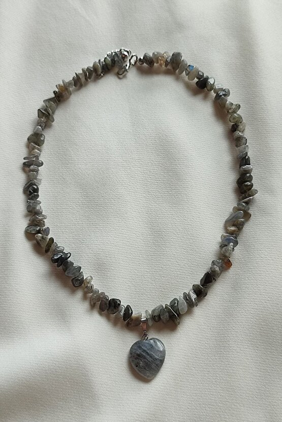 Sertifikalı Labradorit Kırıktaş Doğaltaş Kalp Kolye