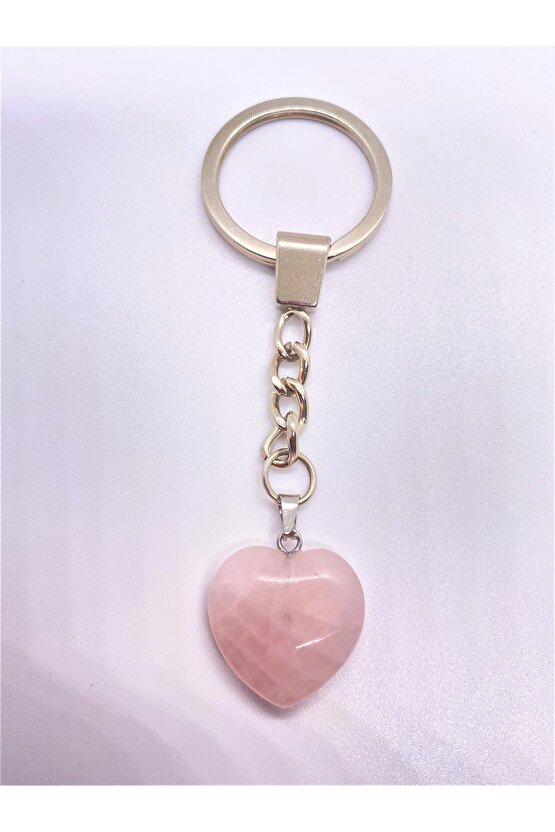 Pembe Kuvars Taşı Doğal Taş Kalp Anahtarlık Hediyelik