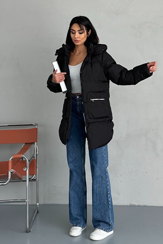 Kadın Kapüşonlu Şişme Uzun Mont