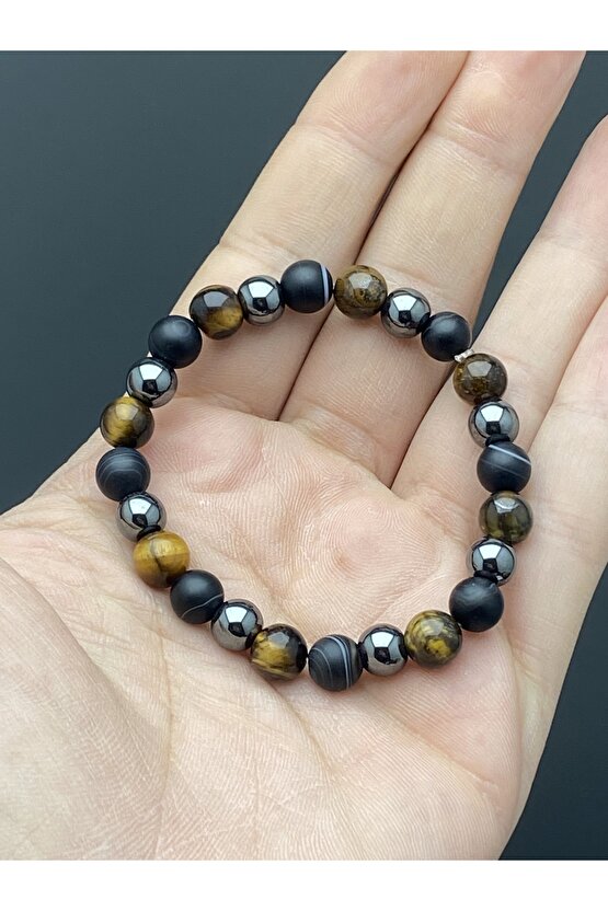 Üçlü Koruma (Kaplangözü-Güç Oniks-koruma Hematit-Denge) Şifalı Doğaltaş Bileklik