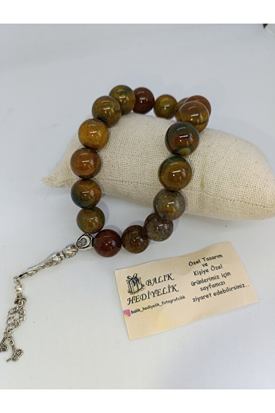 İRİ KESİM DOĞALTAŞ TESPİH YEŞİL DAMARLI AKİK TAŞI ŞAK ŞAK TESPİH 16 mm-1032