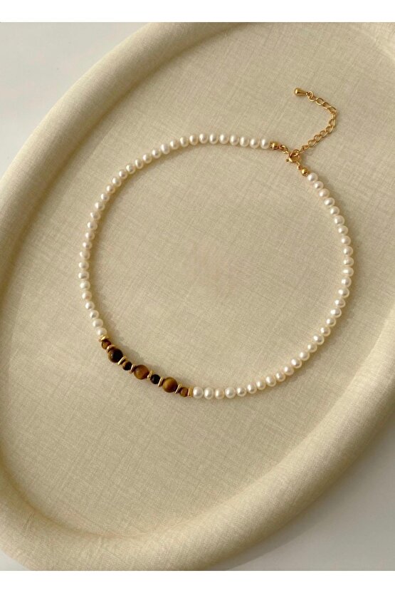 Sertifikalı Gerçek İnci Ve Kaplan Gözü Doğal Taş Tasarım Kolye 45 Cm