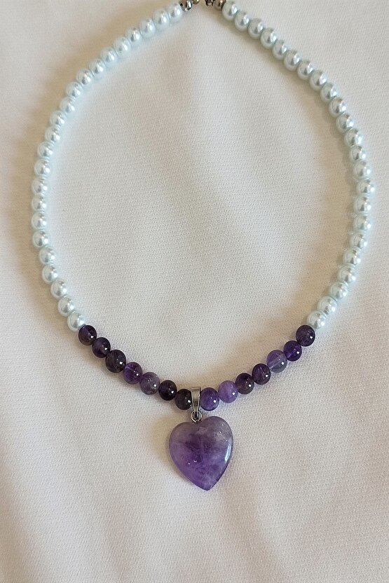 6 Mm Ametist, Cam Inci Doğaltaş Choker Kolye